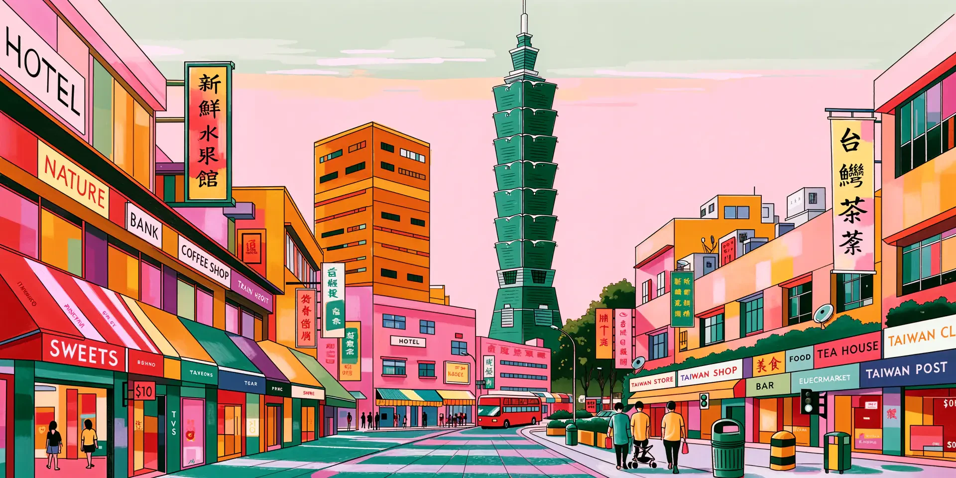 Colorful illustrated Taipei street scene with Taipei 101 rising above shops and traffic in Taiwan, 4K Ultra HD desktop wallpaper.