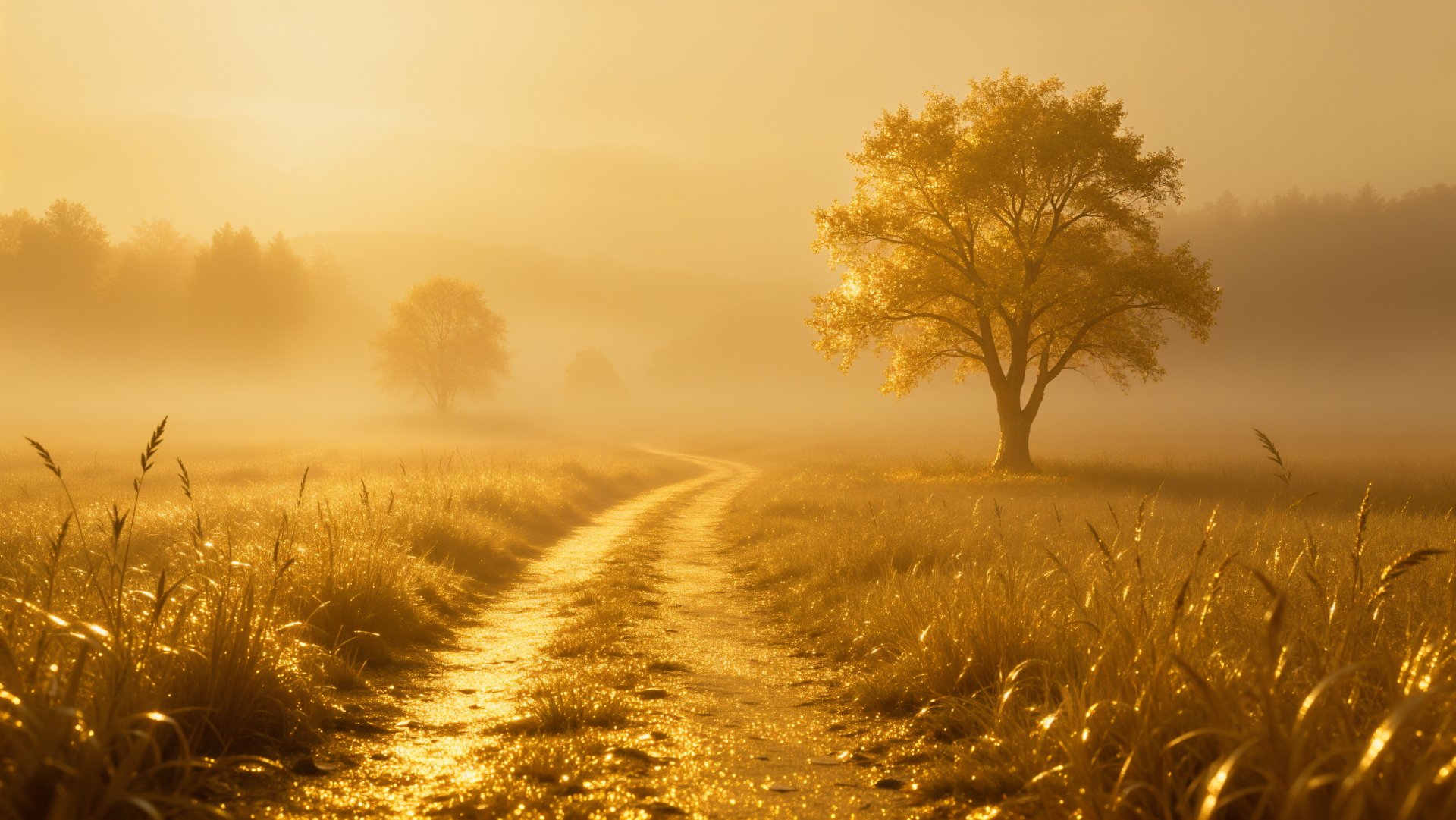 Golden foggy morning landscape with a winding path through tall grass and a lone tree, 4K Ultra HD PC desktop wallpaper and background.