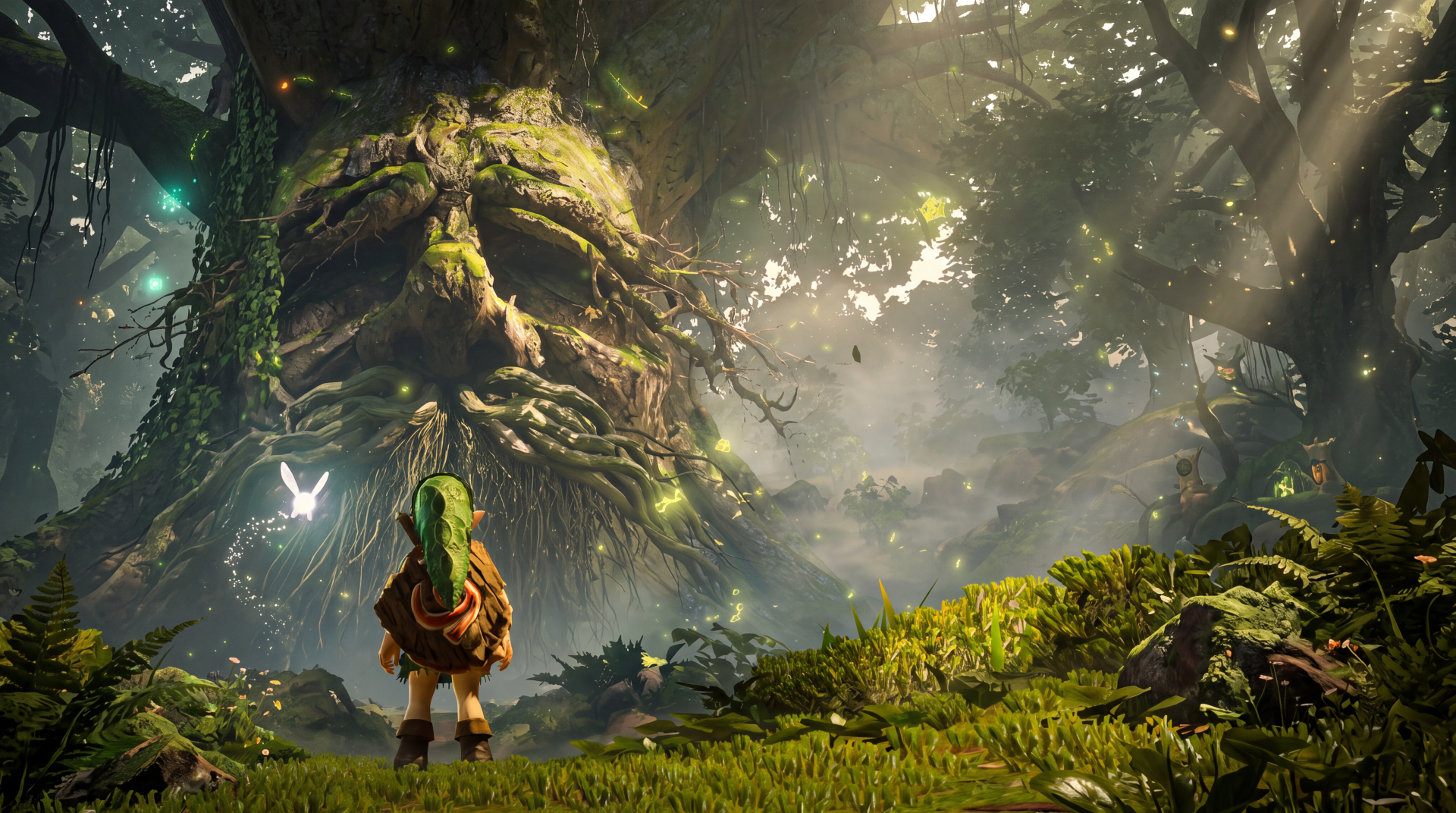 Link faces the ancient tree in a lush forest from The Legend of Zelda: Ocarina of Time, a 5K Ultra HD PC desktop wallpaper.