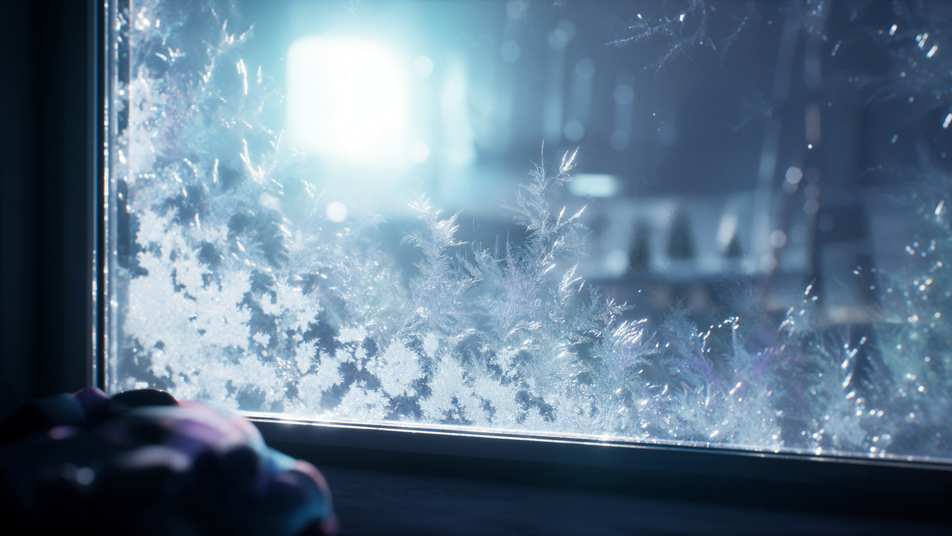 4K Ultra HD PC desktop wallpaper of a frosty window covered in snow, glowing with cool winter light.