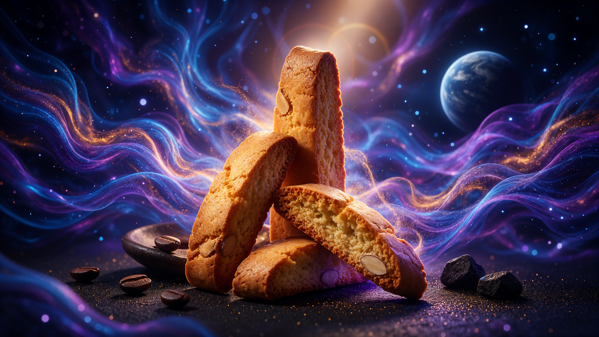 Golden biscotti bread loaf against a vibrant cosmic sky, 4K Ultra HD PC desktop wallpaper and background.