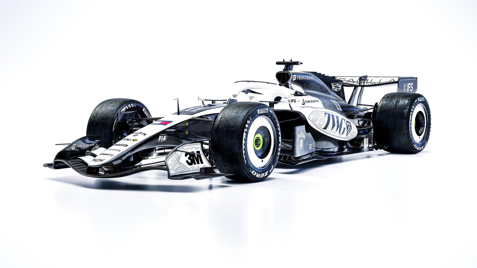 Cadillac MAC-26 F1 race car from the Cadillac F1 Team, featured in an 8K Ultra HD desktop wallpaper on a clean white background.