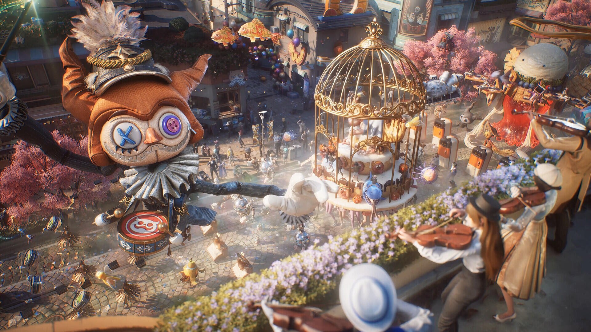 Ordinary Oddness steampunk HD PC desktop wallpaper featuring a whimsical rabbit, ornate birdcage, and bustling fantasy scene.
