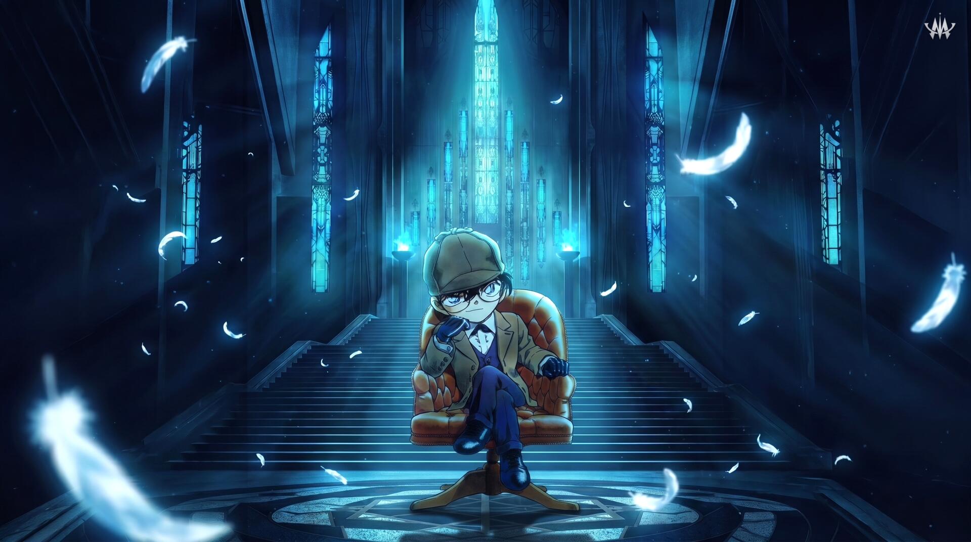 Detective Conan anime boy in a glowing blue futuristic hall, 2K Quad HD PC desktop wallpaper and background.