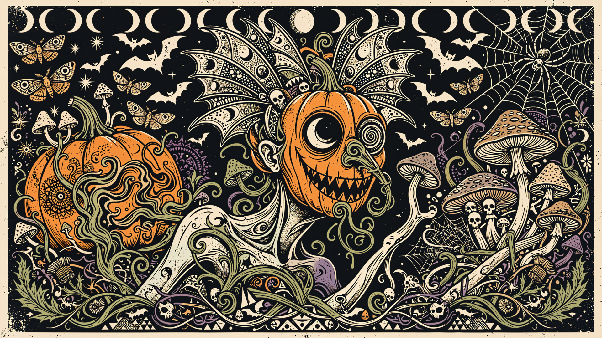Dark Halloween 4K Ultra HD desktop wallpaper featuring an ornate orange owl, mushrooms, crescent moons, and spooky decorative patterns.