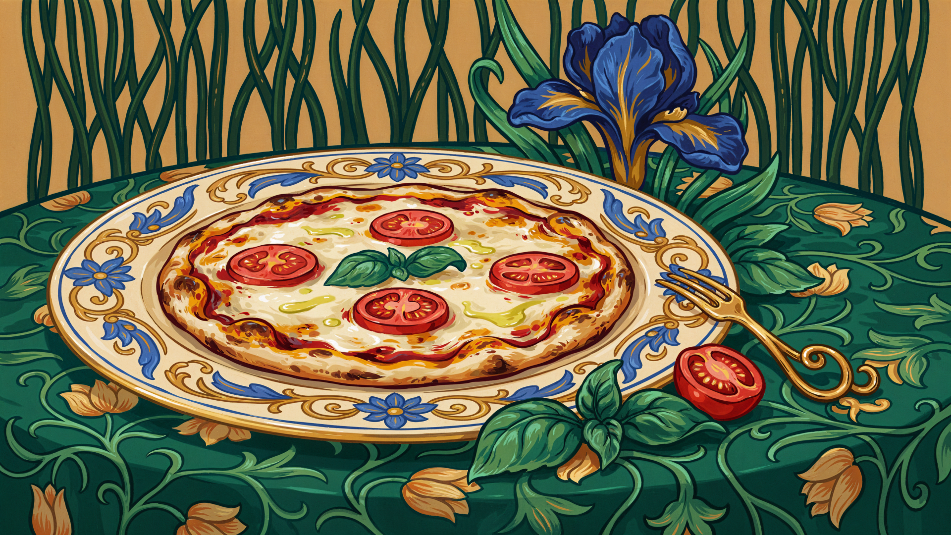 Illustrated margherita pizza on an ornate floral plate amid lush green leaves, a vibrant 4K Ultra HD PC desktop wallpaper and background.