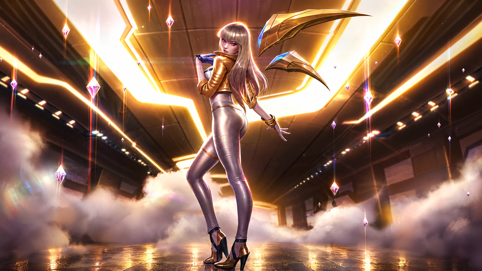 K/DA Kai’Sa performs on a glowing concert stage in this 4K Ultra HD PC desktop wallpaper.