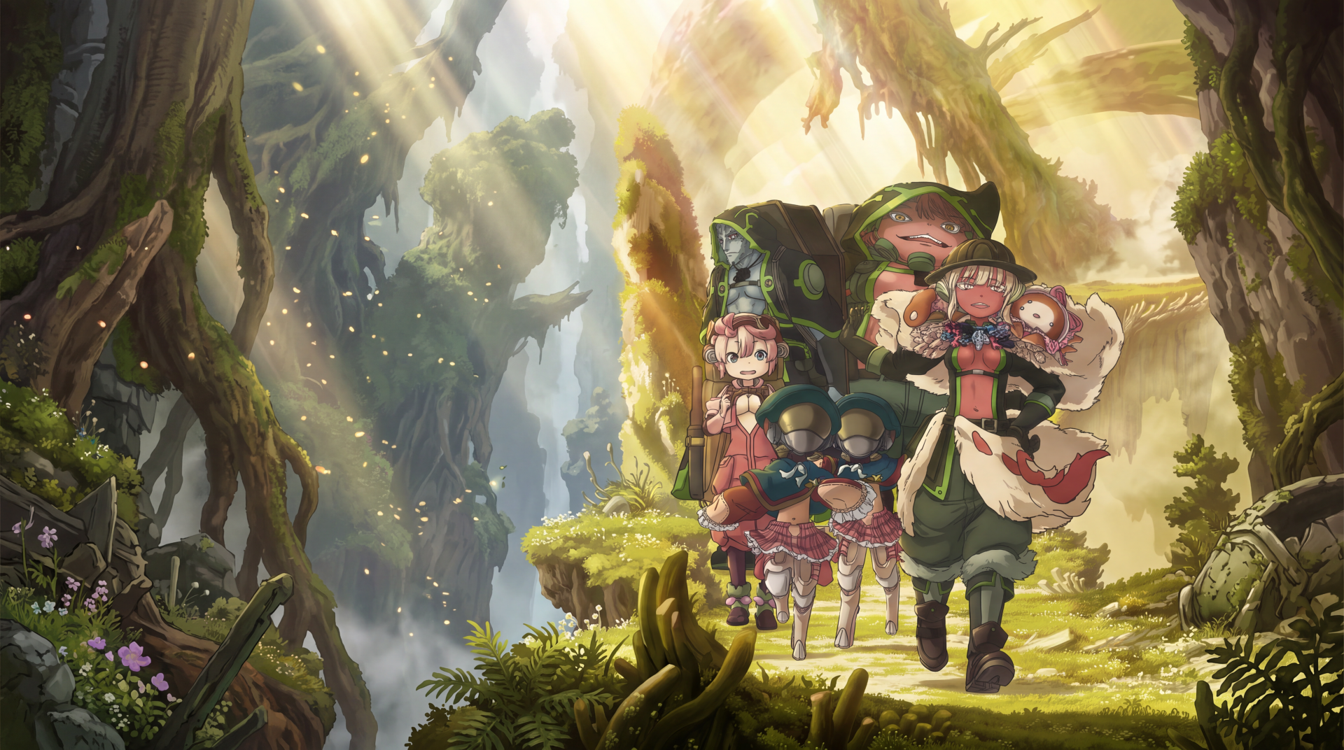 Made in Abyss adventurers exploring a sunlit forest, 5K Ultra HD PC desktop wallpaper and background.