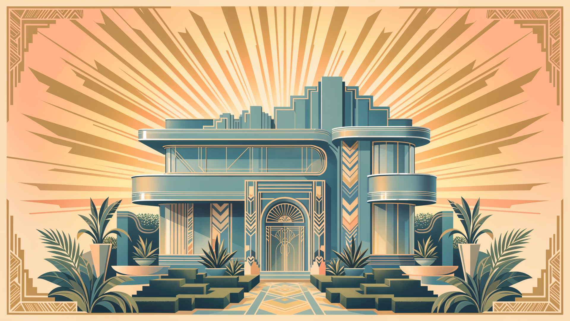 Art Deco modern home building with geometric architecture, tropical palms, and a radiant sunburst, rendered as a 4K Ultra HD PC desktop wallpaper.