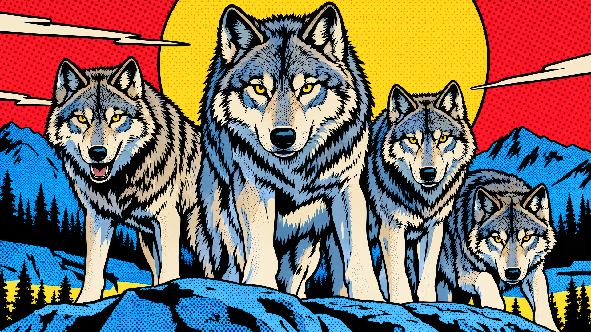 Comic-style wolf pack of four wolves against a bold red, blue, and yellow landscape, 4K Ultra HD PC desktop wallpaper and background.