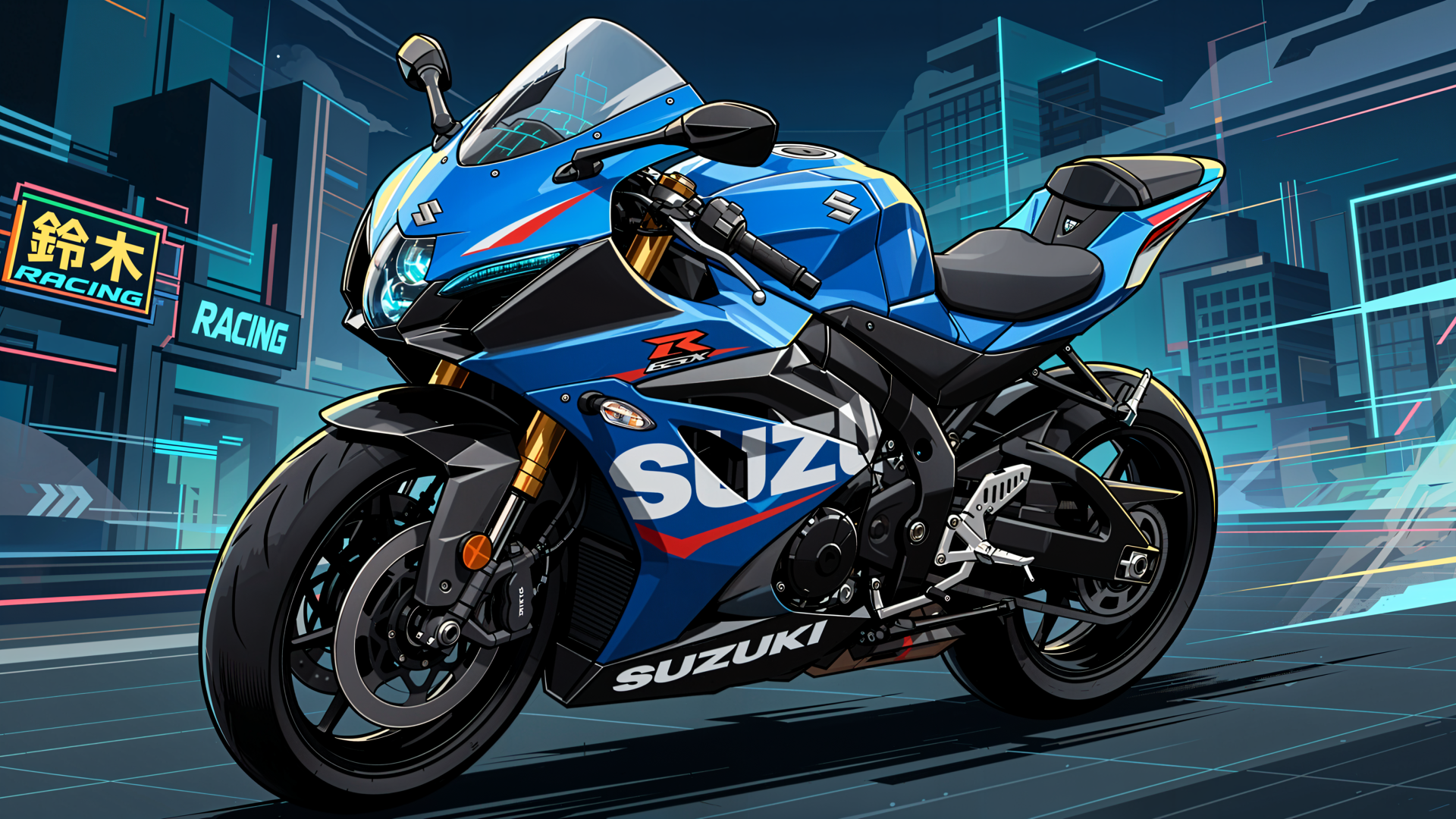 Blue Suzuki racing sportbike in a neon-lit city, featured in a 4K Ultra HD PC desktop wallpaper background.