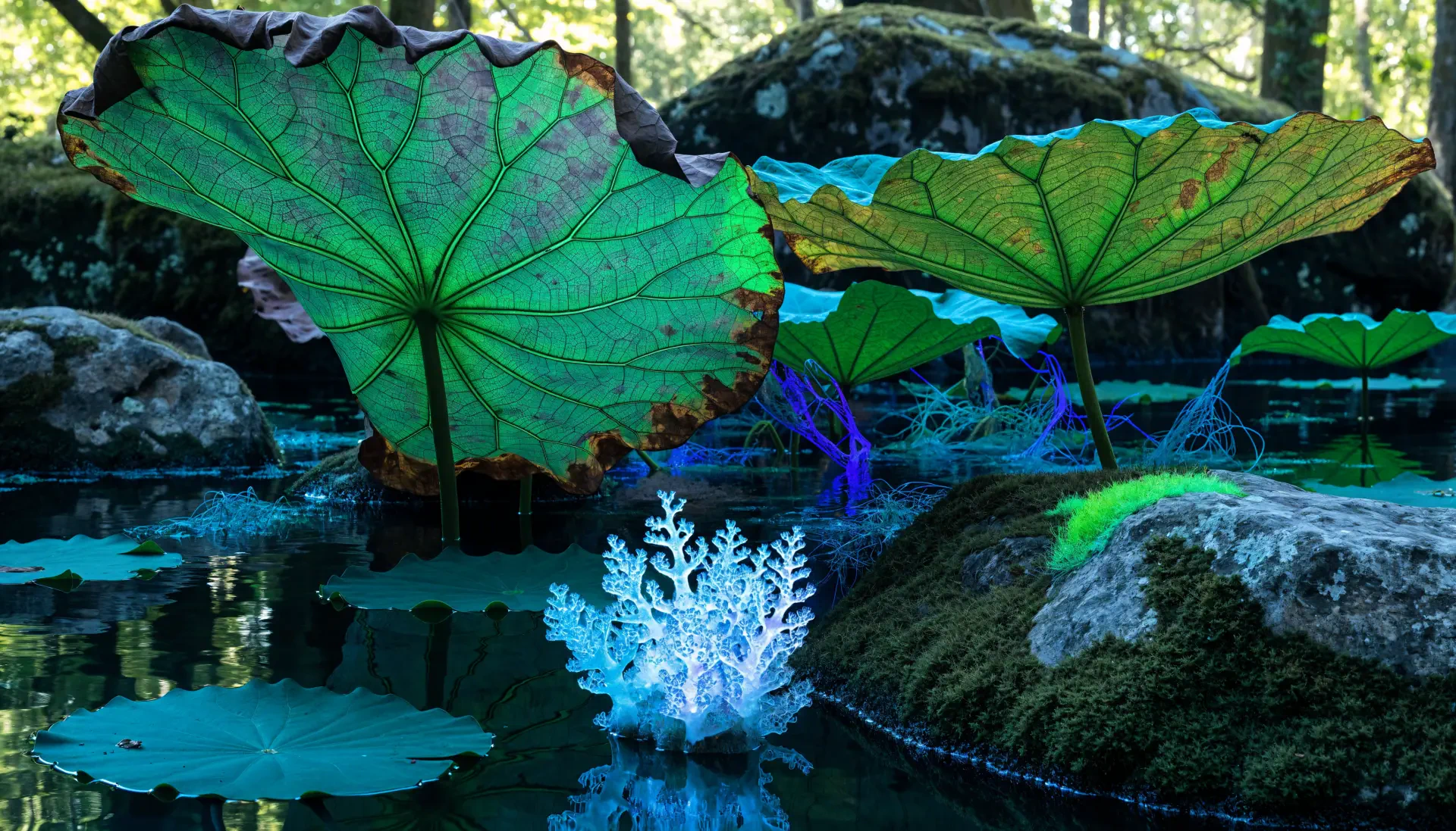 Vibrant lotus and water lily leaves over a rocky water garden pond, 4K Ultra HD PC desktop wallpaper and background.
