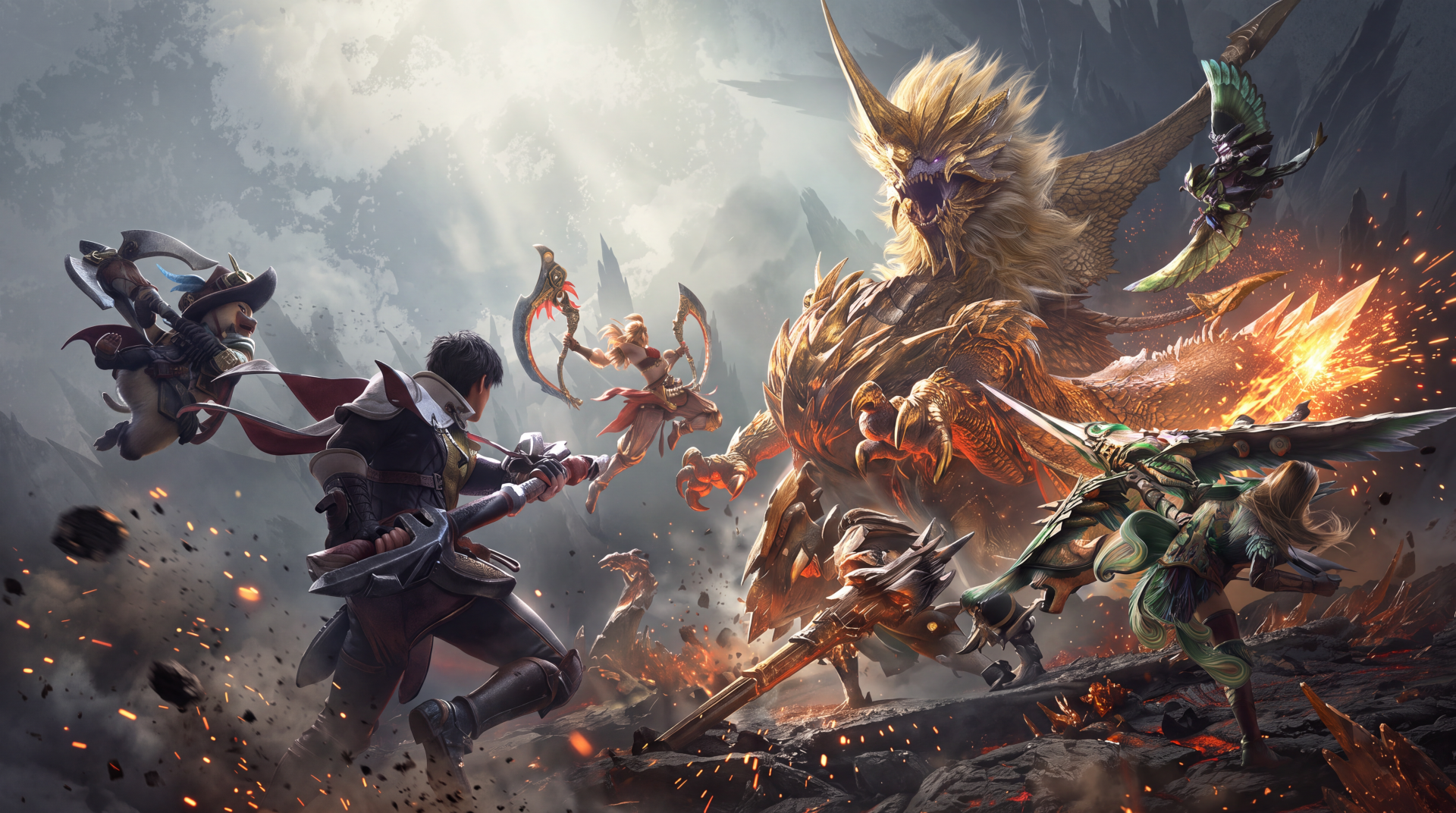 Monster Hunter Outlanders battle with hunters facing a towering beast, shown in a 5K Ultra HD PC desktop wallpaper.