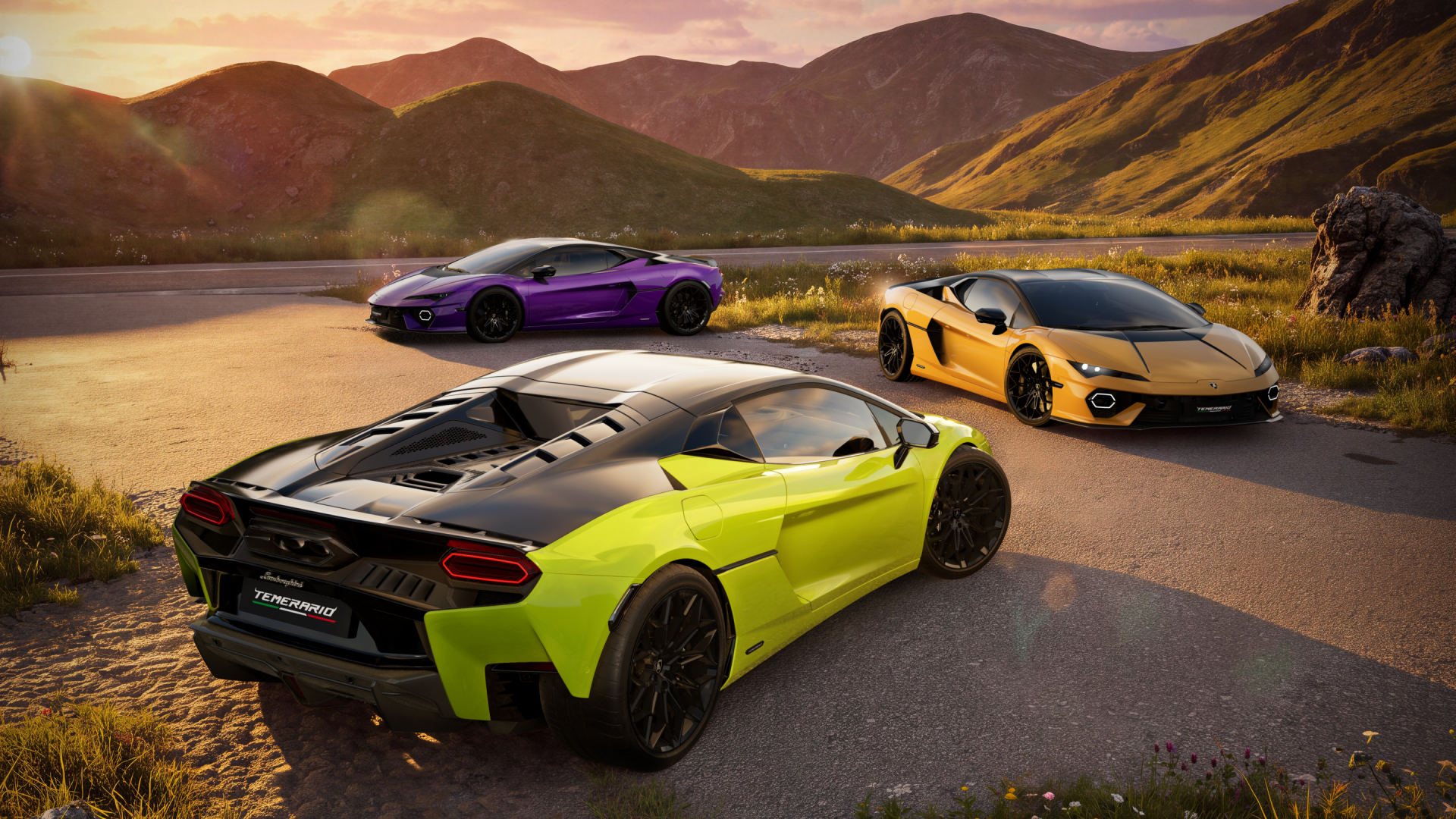 Lime green Lamborghini Temerario Tettonero with purple and yellow sports cars beside a lake, 2K Quad HD PC desktop wallpaper background.