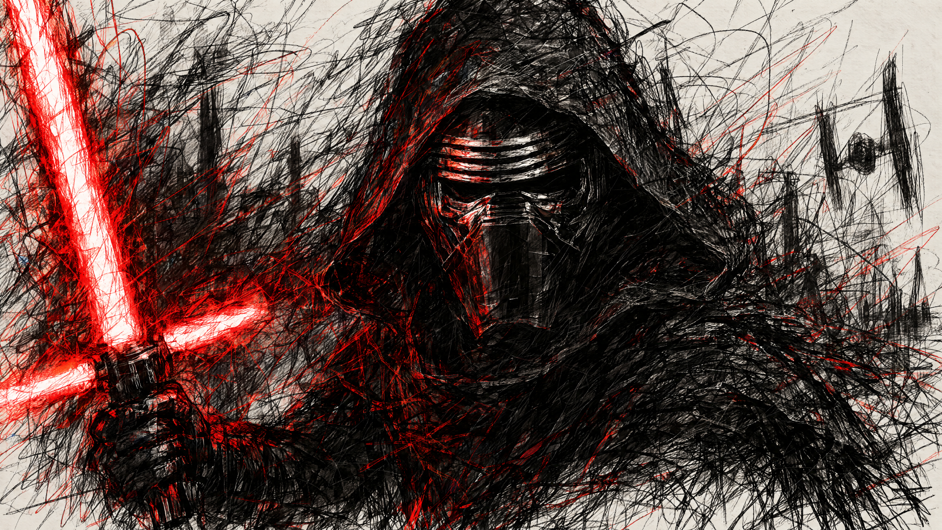 Kylo Ren wielding a red lightsaber in a dark, sketch-style Star Wars scene, 4K Ultra HD PC desktop wallpaper and background.