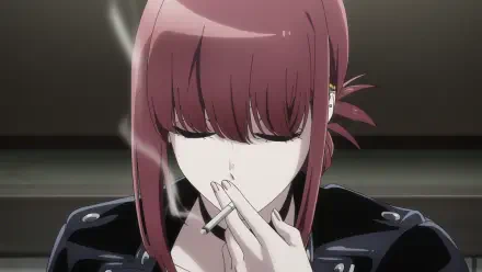 HD PC wallpaper of Yamada from the anime Smoking Behind the Supermarket with You, bangs hiding her eyes as she smokes a cigarette against a dim, moody backdrop.
