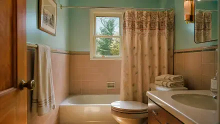 4K Ultra HD PC desktop wallpaper and background: pastel bathroom with tub, shower curtain, sink, stacked towels and a sunlit window.