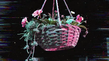 4K Ultra HD PC desktop wallpaper: woven hanging basket with pink flowers and trailing succulents, lit in neon pink-blue against a dark glitch-textured background.