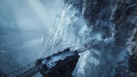4K Ultra HD PC wallpaper: Tomb Raider: Legacy of Atlantis — Lara Croft crosses a rickety rope bridge over a frozen chasm between towering icy cliffs under pale, stormy light.