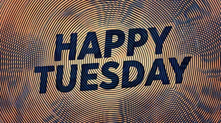 Bold HAPPY TUESDAY over concentric gold-and-navy circular lines; 5K Ultra HD PC desktop wallpaper and background.