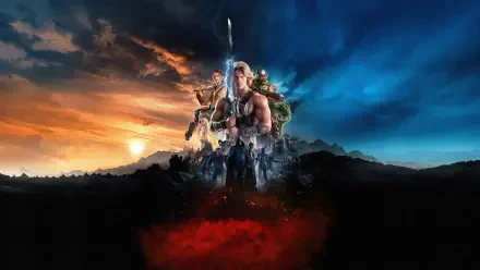 He-Man and allies atop a rocky fortress, sword raised against fiery sunset and stormy blue sky, red abyss below — Masters of the Universe (2026) movie 4K Ultra HD PC desktop wallpaper/background.