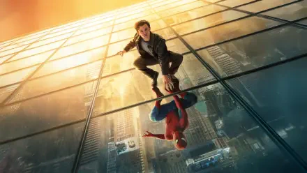 Spider-Man: Brand New Day — Spider-Man crouches on a mirrored skyscraper window at sunset, his reflection and the city below visible; 5K Ultra HD PC desktop wallpaper and background.