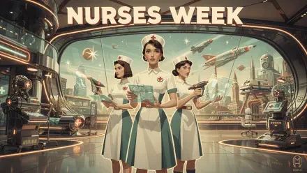 Nurses Week 4K Ultra HD PC desktop wallpaper: retro-futuristic illustration of three nurses in vintage uniforms holding medical instruments and charts amid a sleek sci‑fi hospital skyline.