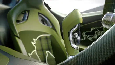 Green Bugatti Brouillard vehicle interior close-up: racing seats, carbon-fiber trim, illuminated logo — 4K Ultra HD PC desktop wallpaper background.