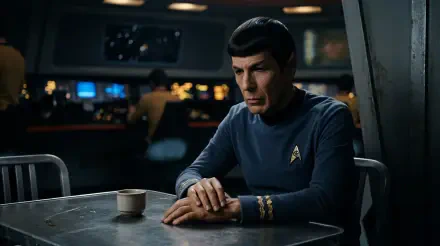 Spock seated at a metal table in a starship interior, contemplative expression with a cup nearby — 5K Ultra HD PC desktop wallpaper/background.