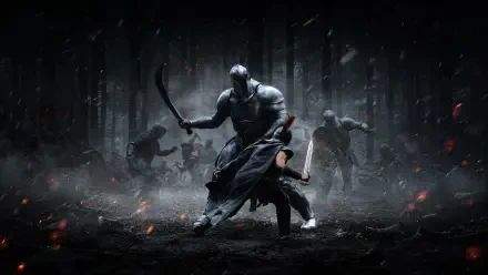 The Odyssey (2026) 4K Ultra HD PC desktop wallpaper and background: armored warrior with curved blade confronting shadowy foes in a rain-soaked, ember-lit forest battlefield.