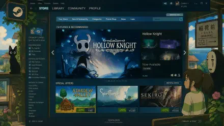 Steam software storefront screenshot showing Hollow Knight banner and game tiles, rendered as a 4K Ultra HD PC desktop wallpaper and background.