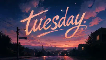 Tuesday — 4K Ultra HD PC desktop wallpaper/background: stylized tuesday script across a twilight city street, crescent moon, glowing sunset clouds and a reflective wet road.