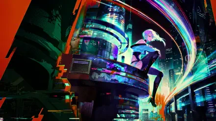 5K Ultra HD PC wallpaper: Lucy (Cyberpunk: Edgerunners) — anime girl perched on a neon-soaked tower in a Wuthering Waves–style cyberpunk city, streaking multicolored light trails.