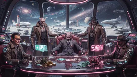 Mafia kingpins at a neon-lit poker table in a futuristic spaceport with starships in the sky — 4K Ultra HD PC Desktop Wallpaper and Background