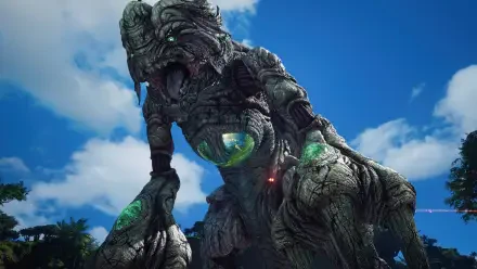Giant stone-and-wood creature with glowing green cores against a blue sky — Final Fantasy VII Revelation video game 4K Ultra HD PC desktop wallpaper background.