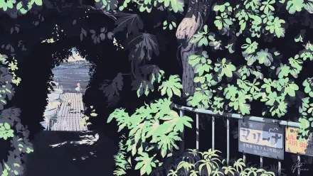 Digital art, digital painting, illustration — HD PC desktop wallpaper and background landscape artwork showing a leafy tunnel opening to a sunlit waterfront, dock and tiny figure.