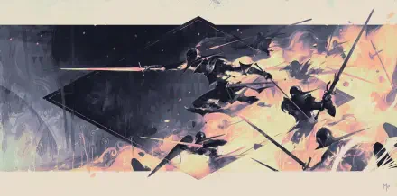 Dynamic digital painting illustration: silhouetted warriors lunging with spears across an abstract geometric landscape, vibrant smoke and light — 2K Quad HD PC desktop wallpaper/artwork.