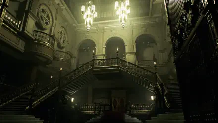 Dim, ominous mansion foyer with double staircases and chandeliers — Resident Evil: Veronica video game 4K Ultra HD PC desktop wallpaper/background.