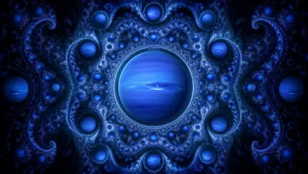 4K Ultra HD PC desktop wallpaper and background: stylized Neptune at the center, a glowing deep-blue planet framed by ornate fractal rings and swirling cosmic textures.