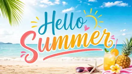 Hello Summer script over a 4K Ultra HD PC desktop wallpaper of a summer tropical beach with palm frond, sunglasses, starfish and a chilled tropical drink