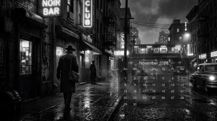 Noir rainy city street at night with silhouetted figures, November 2026 calendar overlay — 5K Ultra HD PC desktop wallpaper and background.