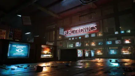 HD PC desktop wallpaper: video game Gears of War: E-Day — a dim, war-torn electronics store interior with shattered monitors and glowing ELECTRONICS sign.