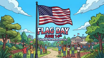 Flag Day 5K Ultra HD PC desktop wallpaper: colorful illustration of a large American flag waving above a park gathering and historic buildings, with text Flag Day June 14th: Honor the American Flag.