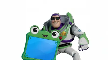 Toy Story 5 Toy Story 5K Ultra HD PC desktop wallpaper: Buzz Lightyear in sunglasses holding a green frog-themed blank sign on a white background.