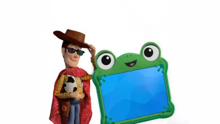 Toy Story 5, Toy Story 5K Ultra HD PC desktop wallpaper: Woody in a cowboy hat and sunglasses holding a soccer ball beside a smiling frog-shaped blue sign on a white background.