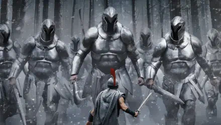 4K Ultra HD PC desktop wallpaper and background — The Odyssey (2026): a lone crested warrior with sword faces towering armored sentinels in a snowy, shadowed forest.