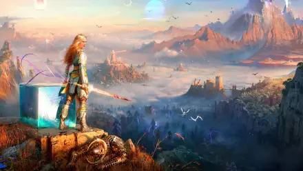Laufey from God of War surveys a vast Norse landscape from a cliff at sunrise — 4K Ultra HD PC desktop wallpaper/background.