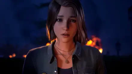 4K Ultra HD PC desktop wallpaper from the video game Life Is Strange: Reunion (Life Is Strange) — close-up of a somber young woman lit by distant firelight.