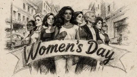 4K Ultra HD PC desktop wallpaper: sketch of diverse women standing united in a city, banner reading 'Women's Day'.
