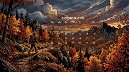 November 2026 calendar over 5K Ultra HD PC desktop wallpaper showing an autumn mountain valley at sunset with a lone hiker on a rocky trail.